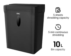 DELI ET022 4X40MM 10 SHEETS 12L 5MIN CROSS CUT PAPER SHREDDER