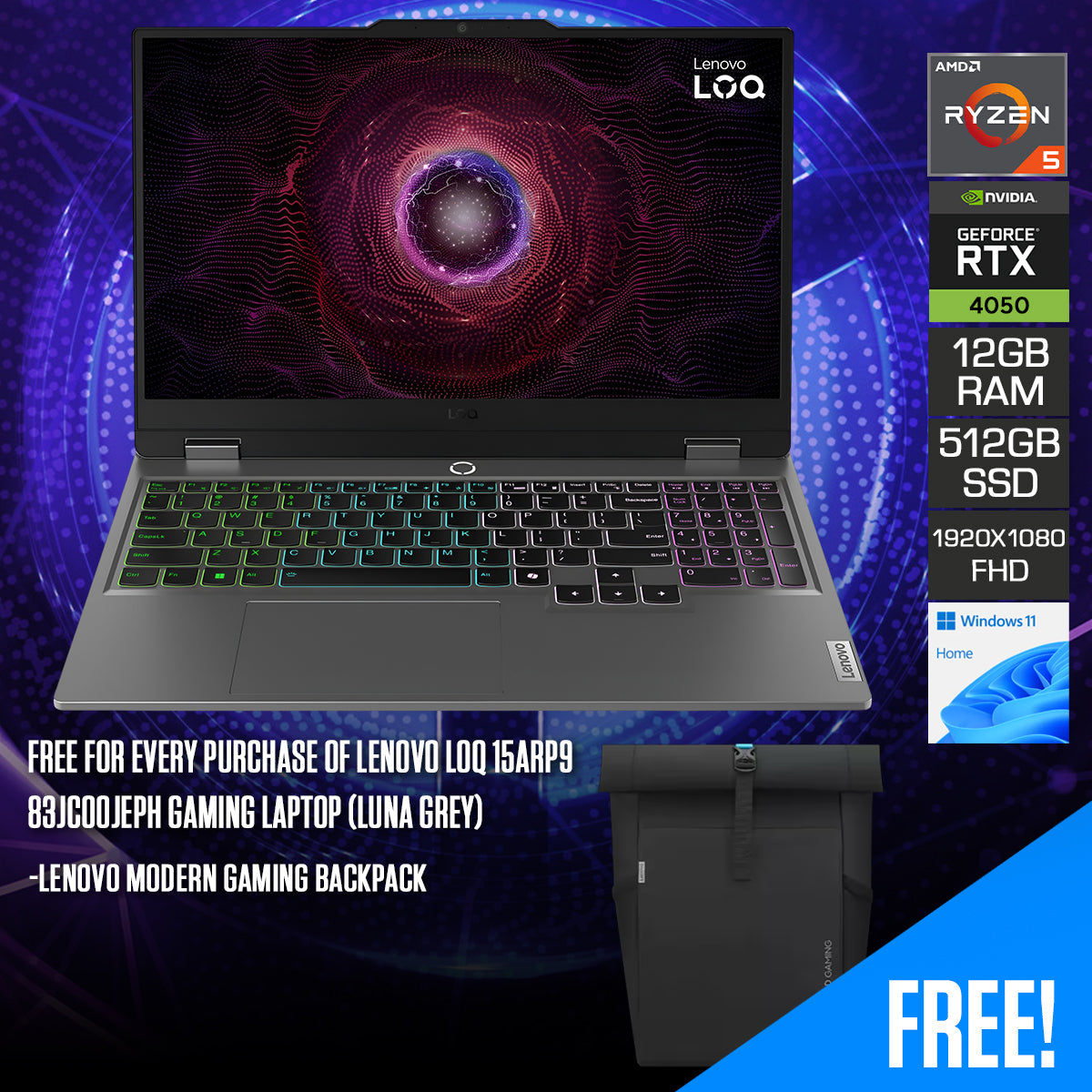 LENOVO LOQ 15ARP9 AMD RYZEN 5 7235HS 12GB DDR5 MEM 512GB SSD RTX 4050 6GB VRAM 15.6" FHD 144HZ WIN11 HOME 83JC00JEPH