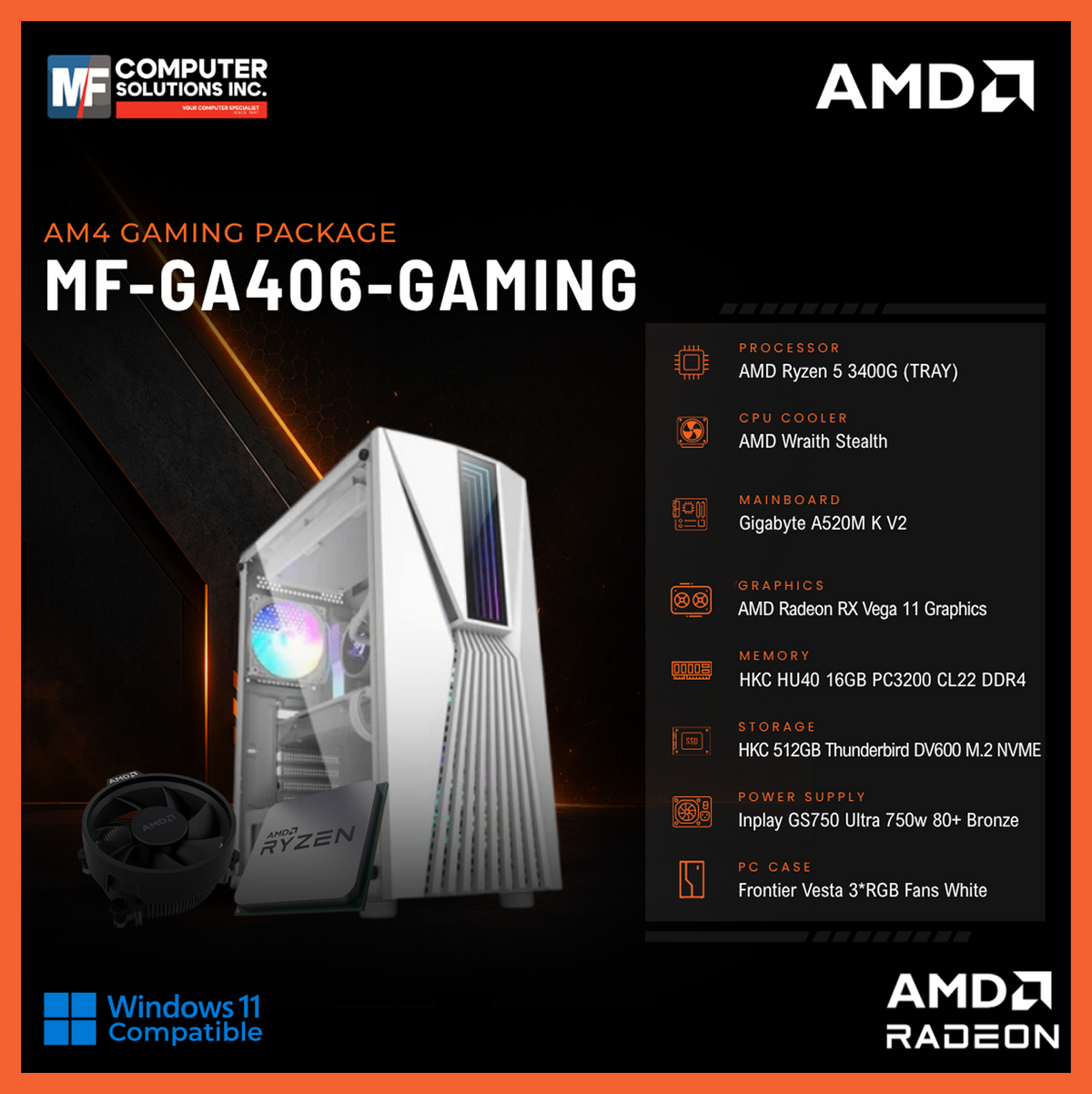 MF-GA406-GAMING (CPU ONLY) AMD RYZEN 5 3400G / RADEON GRAPHICS / A520M / 16GB DDR4 / 512GB SSD M.2 NVME PCIE 3 / WHITE CASE