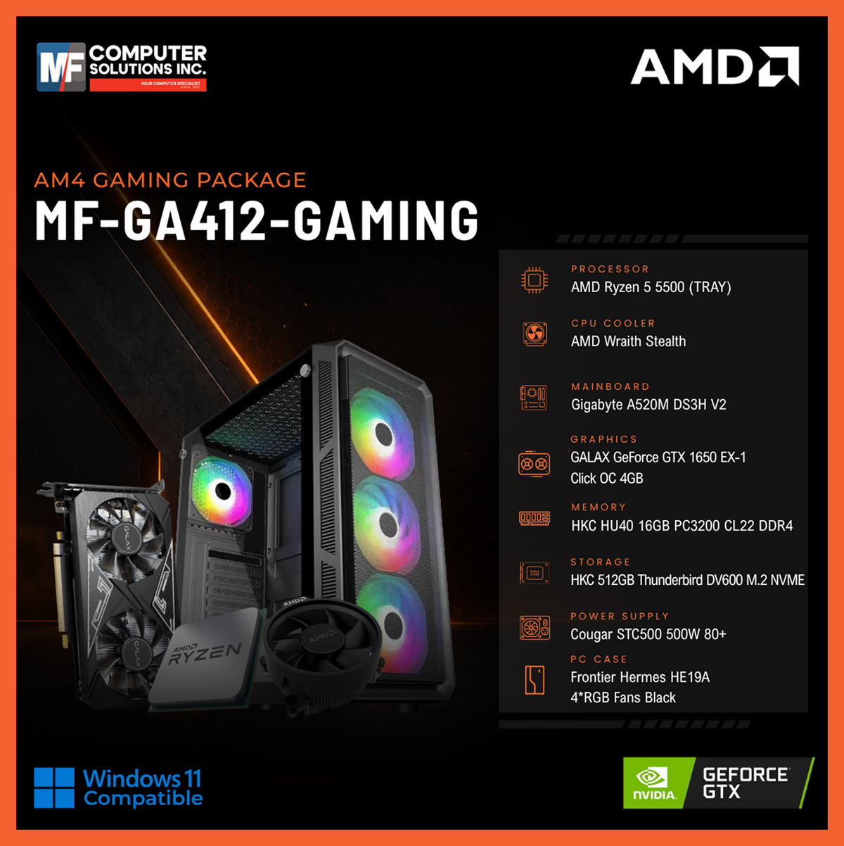 MF-GA412-GAMING (CPU ONLY) AMD RYZEN 5 5500 / GTX 1650 4GB / A520M / 16GB DDR4 / 512GB SSD M.2 NVME PCIE 3 / BLACK CASE