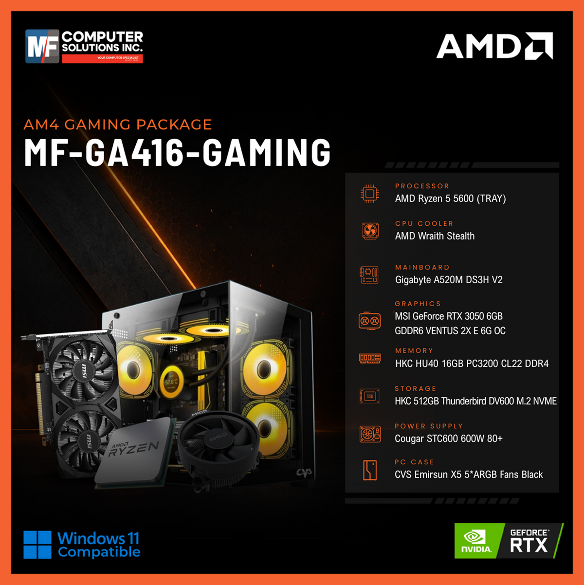 MF-GA416-GAMING (CPU ONLY) AMD RYZEN 5 5600 / RTX 3050 6GB / A520M / 16GB DDR4 / 512GB SSD M.2 NVME PCIE 3 / BLACK CASE