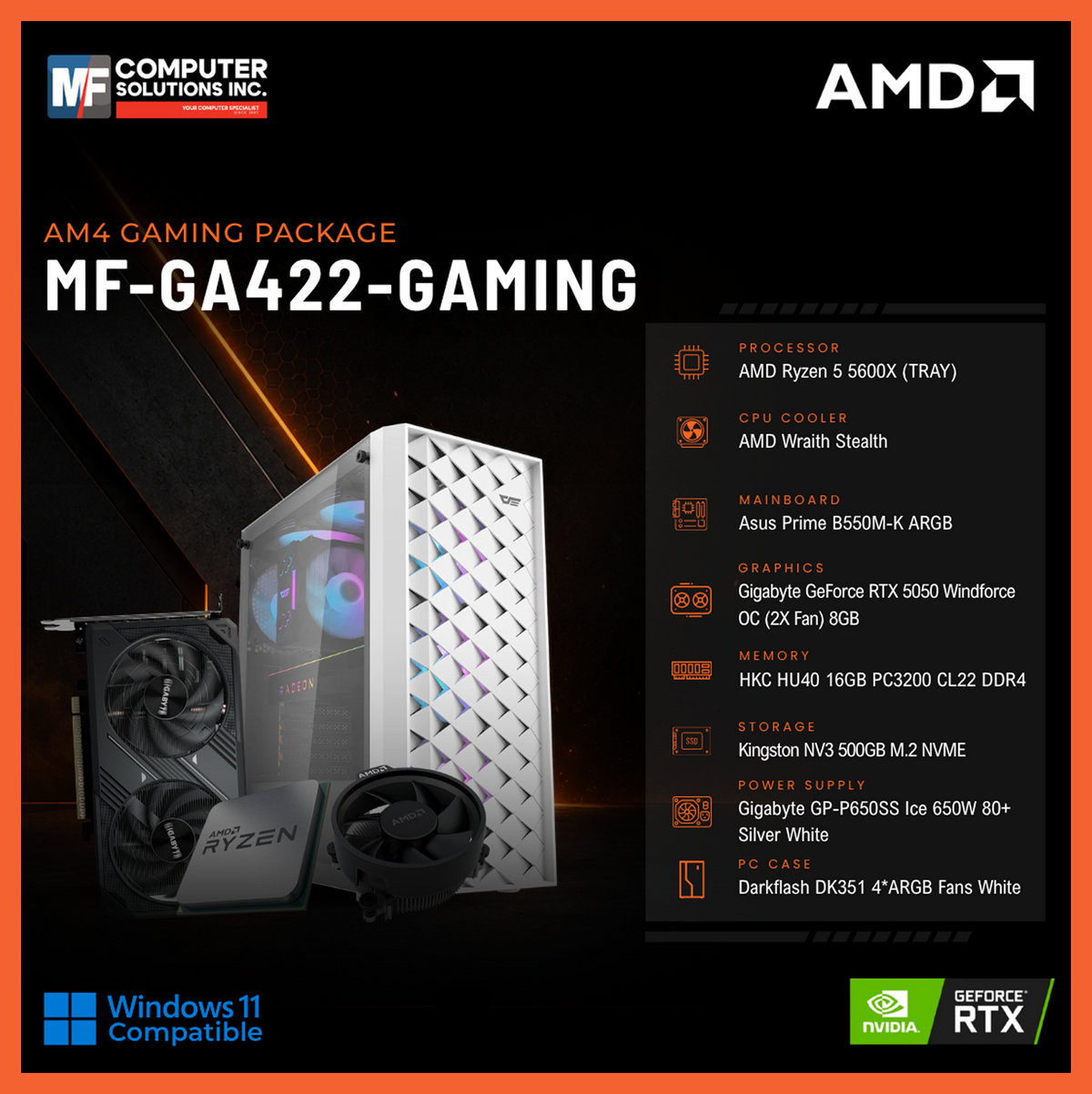 MF-GA422-GAMING (CPU ONLY) AMD RYZEN 5 5600X / RTX 5050 8GB / B550M / 16GB DDR4 / 500GB SSD M.2 NVME PCIE 4 / WHITE CASE