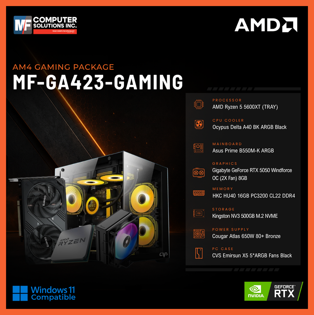 MF-GA423-GAMING (CPU ONLY) AMD RYZEN 5 5600XT / RTX 5050 8GB / B550M / 16GB DDR4 / 500GB SSD M.2 NVME PCIE 4 / BLACK CASE