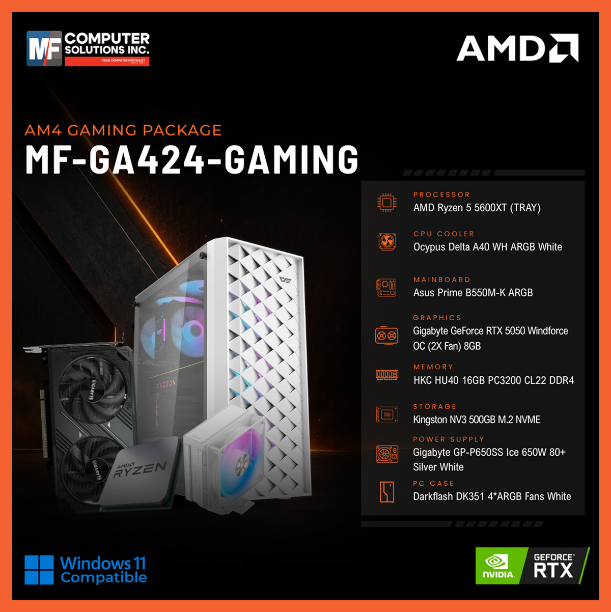 MF-GA424-GAMING (CPU ONLY) AMD RYZEN 5 5600XT / RTX 5050 8GB / B550M / 16GB DDR4 / 500GB SSD M.2 NVME PCIE 4 / WHITE CASE