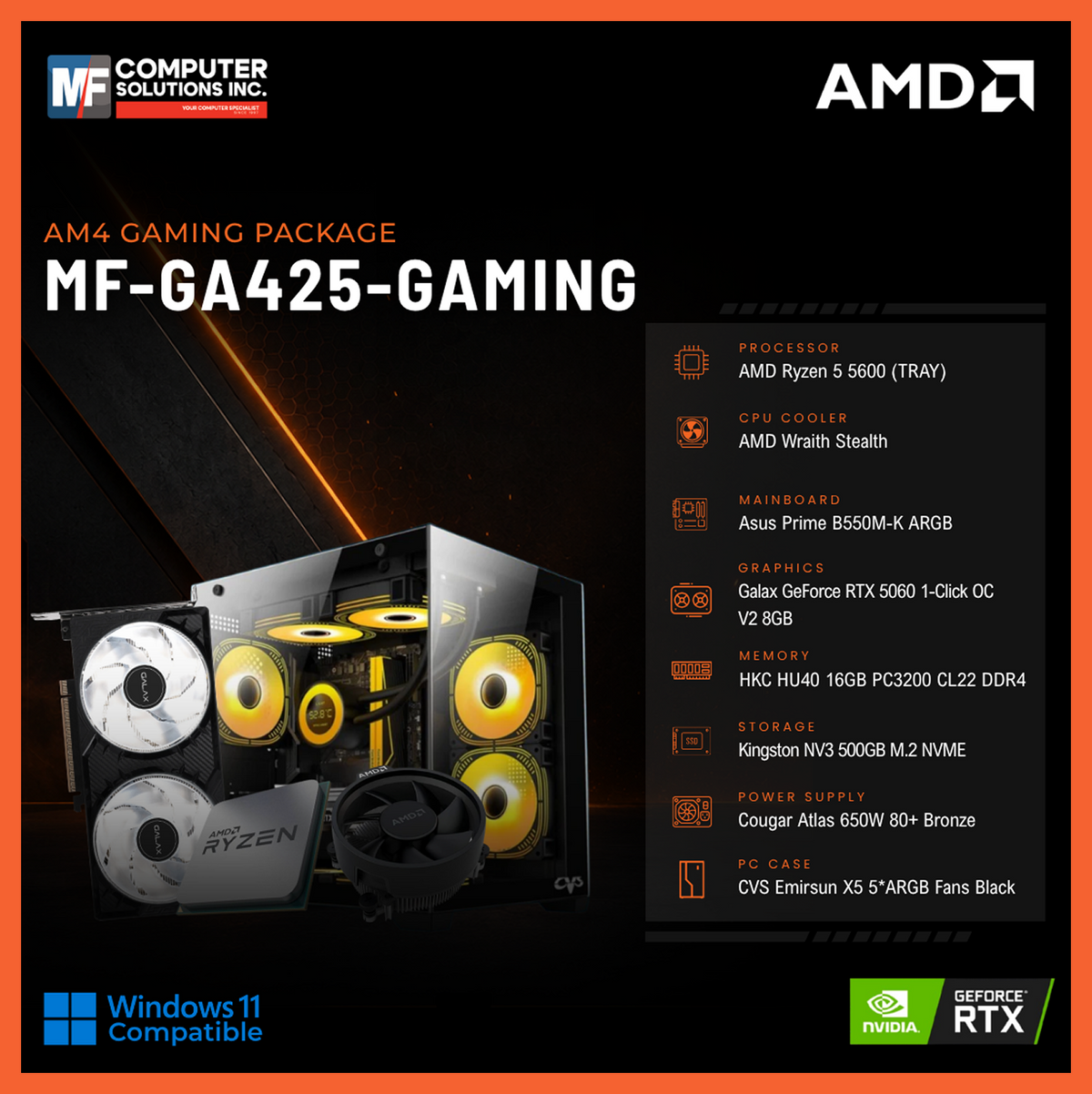 MF-GA425-GAMING (CPU ONLY) AMD RYZEN 5 5600 / RTX 5060 8GB / B550M / 16GB DDR4 / 500GB SSD M.2 NVME PCIE 4 / BLACK CASE