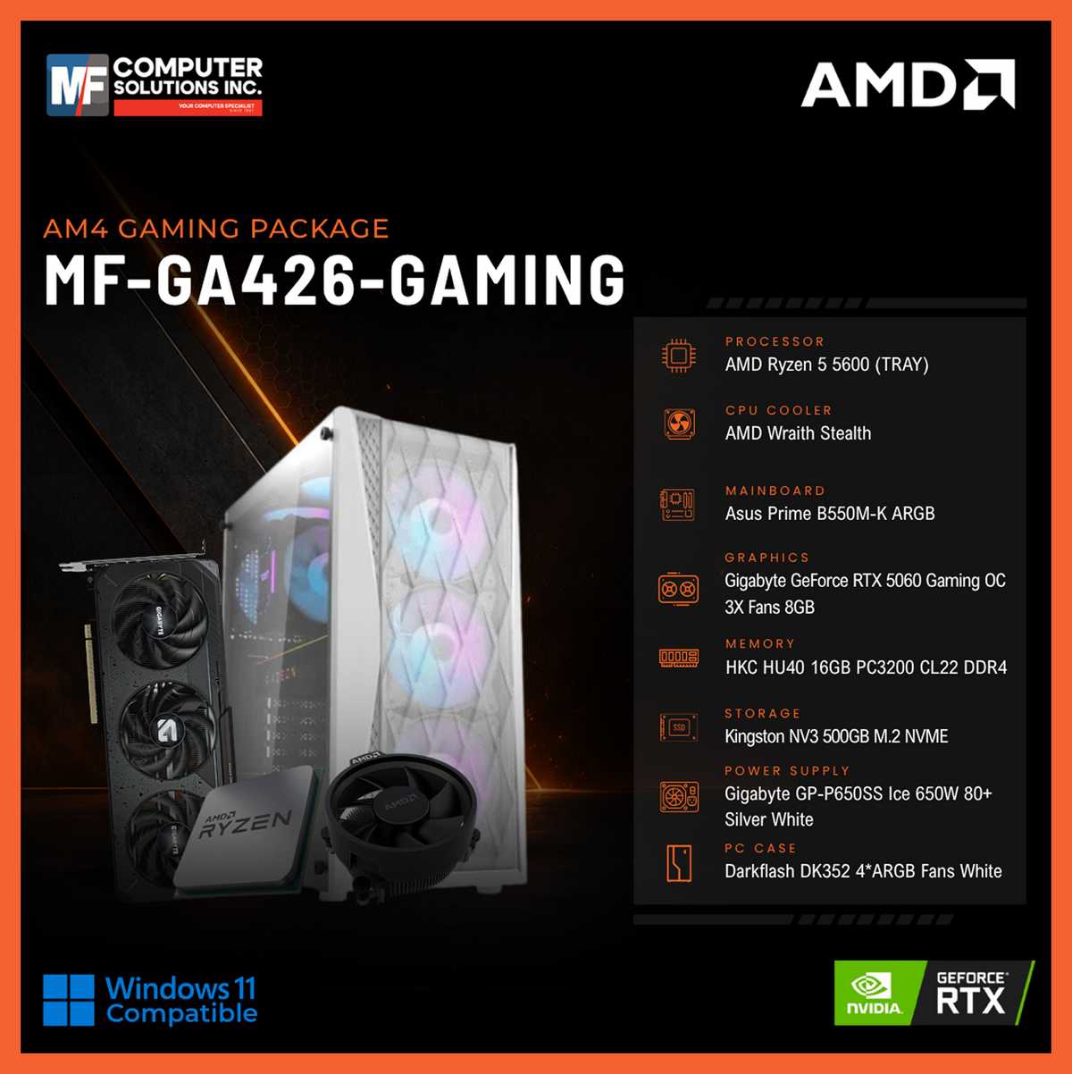 MF-GA426-GAMING (CPU ONLY) AMD RYZEN 5 5600 / RTX 5060 8GB / B550M / 16GB DDR4 / 500GB SSD M.2 NVME PCIE 4 / WHITE CASE