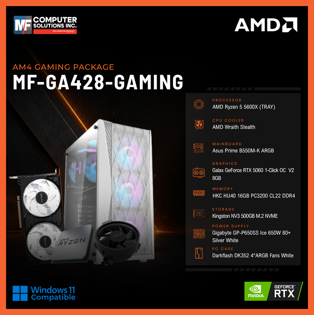 MF-GA428-GAMING (CPU ONLY) AMD RYZEN 5 5600X / RTX 5060 8GB / B550M / 16GB DDR4 / 500GB SSD M.2 NVME PCIE 4 / WHITE CASE