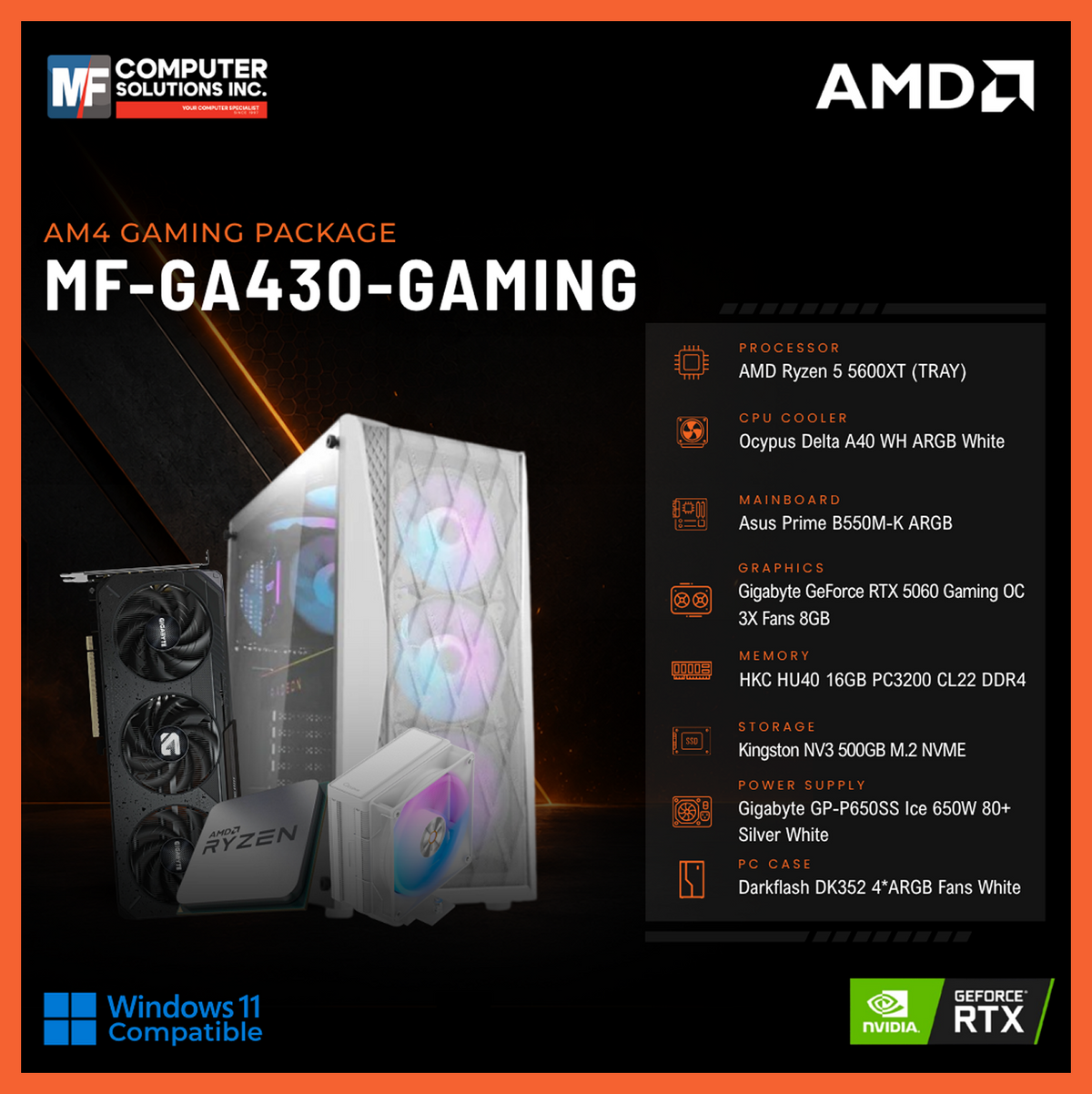MF-GA430-GAMING (CPU ONLY) AMD RYZEN 5 5600XT / RTX 5060 8GB / B550M / 16GB DDR4 / 500GB SSD M.2 NVME PCIE 4 / WHITE CASE