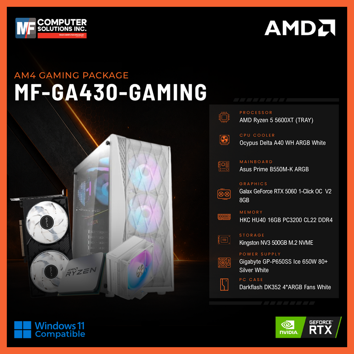 MF-GA430-GAMING (CPU ONLY) AMD RYZEN 5 5600XT / RTX 5060 8GB / B550M / 16GB DDR4 / 500GB SSD M.2 NVME PCIE 4 / WHITE CASE