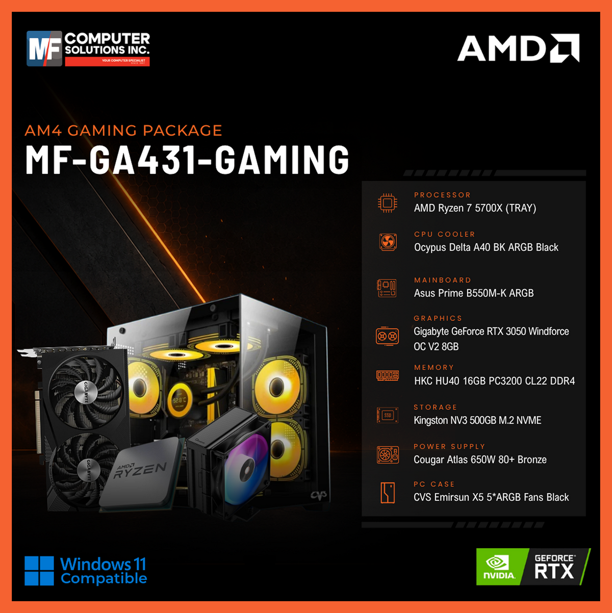 MF-GA431-GAMING (CPU ONLY) AMD RYZEN 7 5700X / RTX 3050 8GB / B550M / 16GB DDR4 / 500GB SSD M.2 NVME PCIE 4 / BLACK CASE