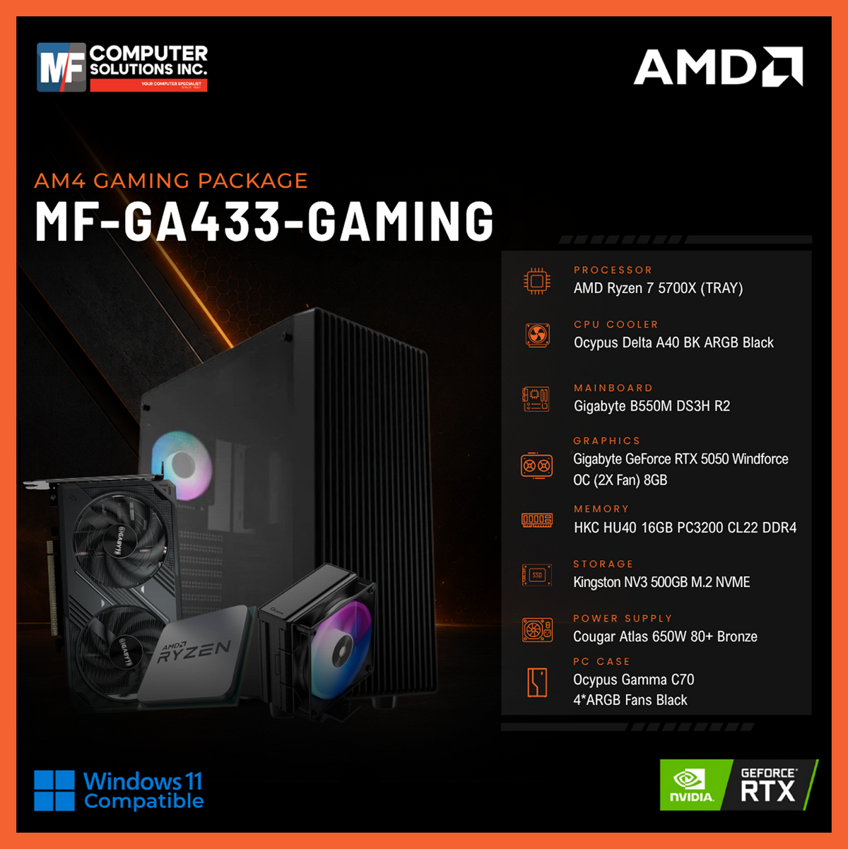 MF-GA433-GAMING (CPU ONLY) AMD RYZEN 7 5700X / RTX 5050 8GB / B550M / 16GB DDR4 / 500GB SSD M.2 NVME PCIE 4 / BLACK CASE