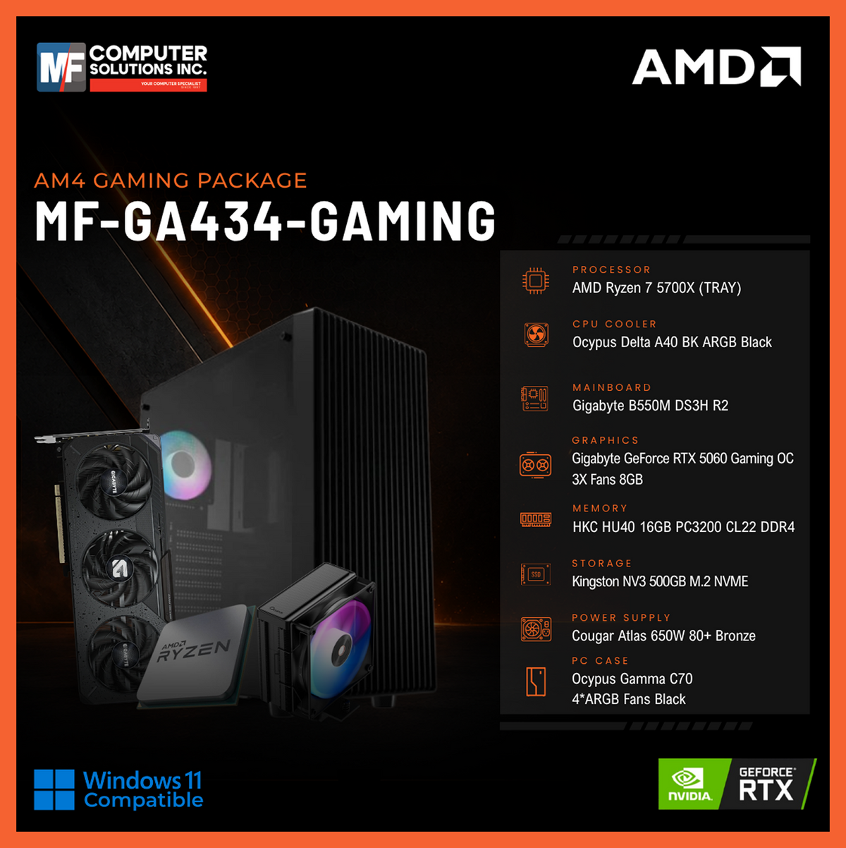 MF-GA434-GAMING (CPU ONLY) AMD RYZEN 7 5700X / RTX 5060 8GB / B550M / 16GB DDR4 / 500GB SSD M.2 NVME PCIE 4 / BLACK CASE