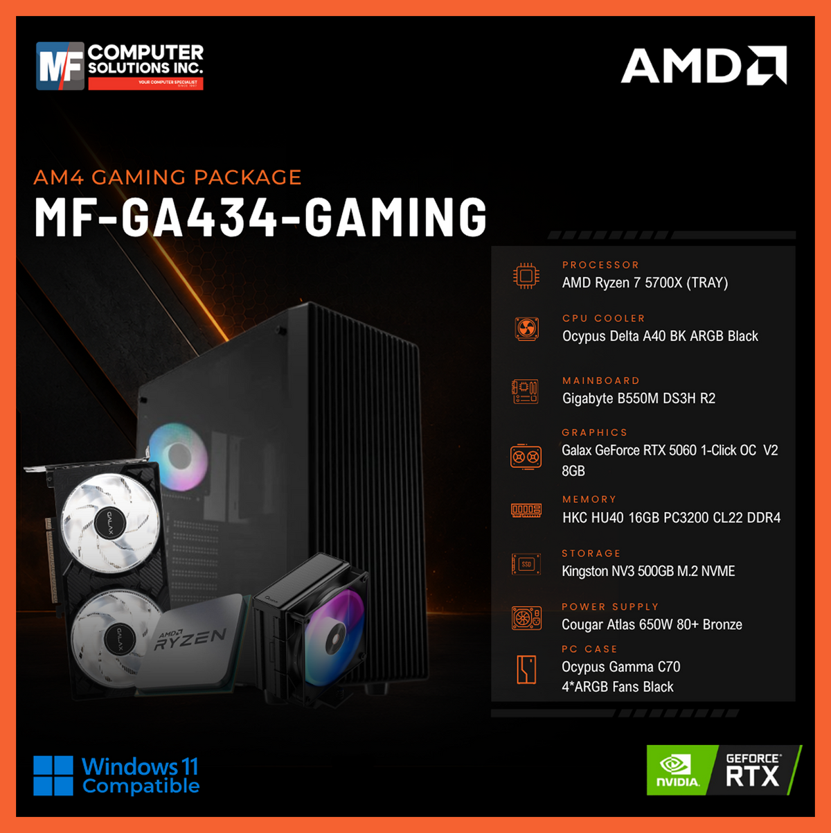 MF-GA434-GAMING (CPU ONLY) AMD RYZEN 7 5700X / RTX 5060 8GB / B550M / 16GB DDR4 / 500GB SSD M.2 NVME PCIE 4 / BLACK CASE