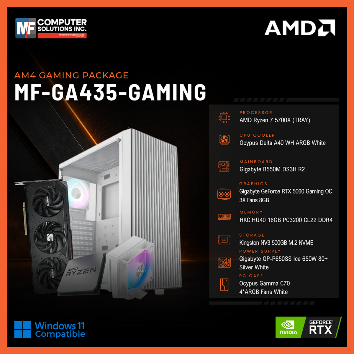 MF-GA435-GAMING (CPU ONLY) AMD RYZEN 7 5700X / RTX 5060 8GB / B550M / 16GB DDR4 / 500GB SSD M.2 NVME PCIE 4 / WHITE CASE