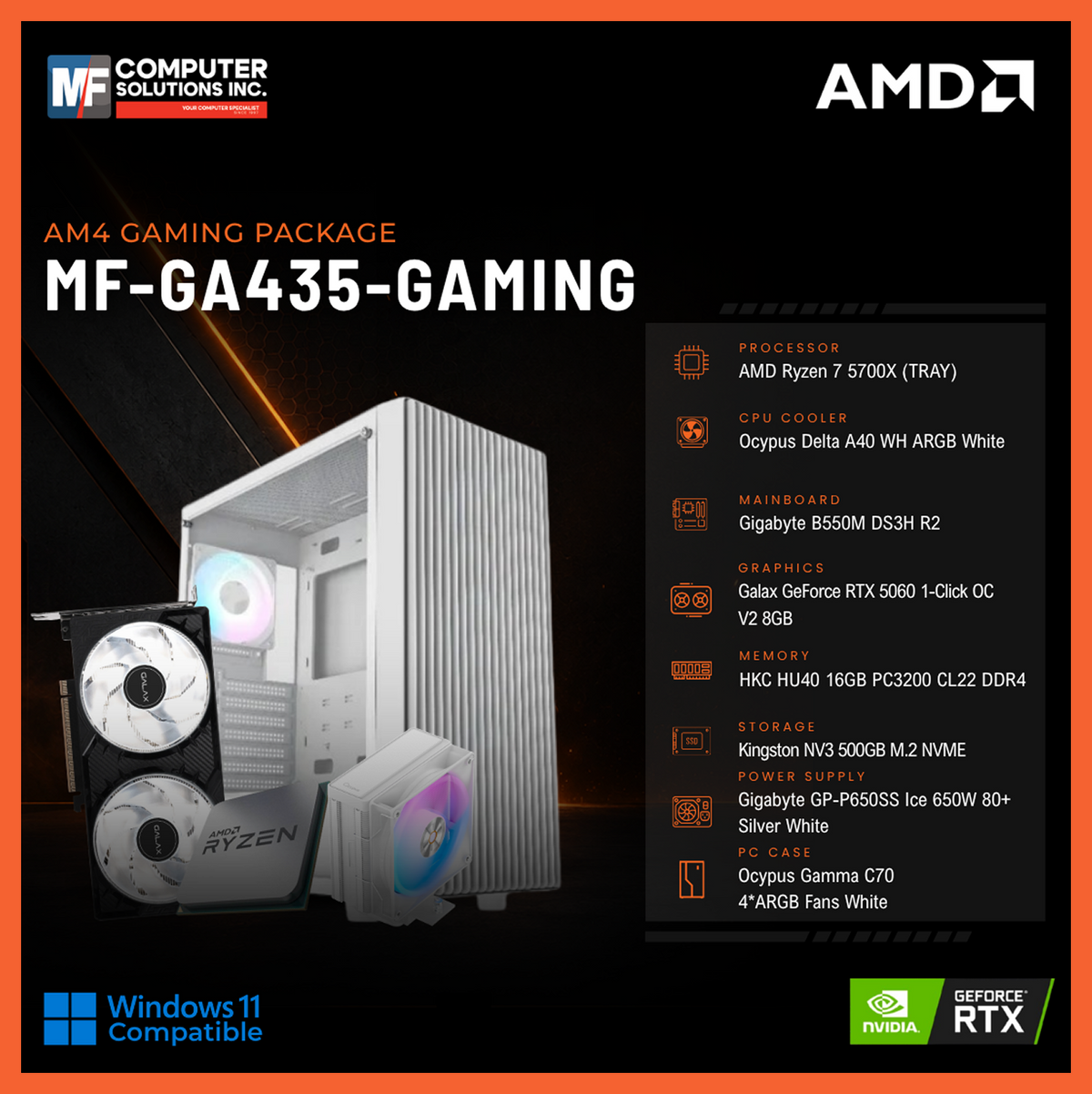 MF-GA435-GAMING (CPU ONLY) AMD RYZEN 7 5700X / RTX 5060 8GB / B550M / 16GB DDR4 / 500GB SSD M.2 NVME PCIE 4 / WHITE CASE