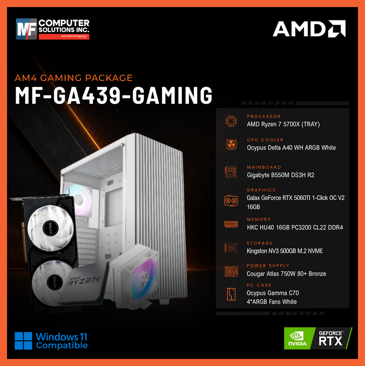 MF-GA439-GAMING (CPU ONLY) AMD RYZEN 7 5700X / RTX 5060TI 16GB / B550M / 16GB DDR4 / 500GB SSD M.2 NVME PCIE 4 / WHITE CASE