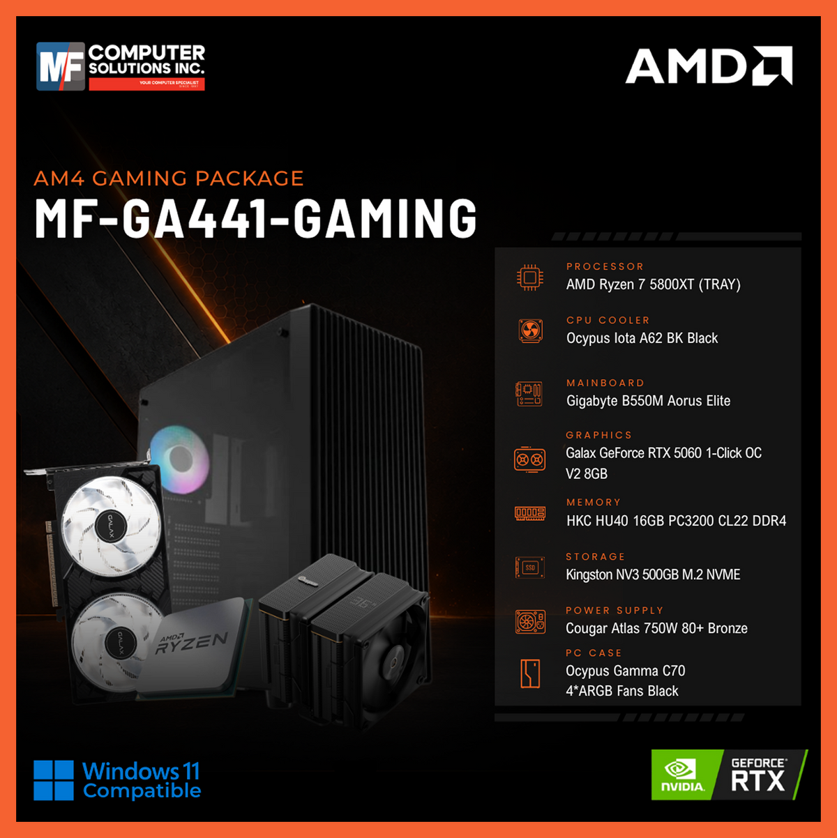 MF-GA441-GAMING (CPU ONLY) AMD RYZEN 7 5800XT / RTX 5060 8GB / B550M / 16GB DDR4 / 500GB SSD M.2 NVME PCIE 4 / BLACK CASE