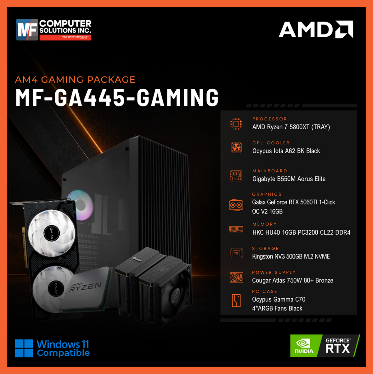 MF-GA445-GAMING (CPU ONLY) AMD RYZEN 7 5800XT / RTX 5060TI 16GB / B550M / 16GB DDR4 / 500GB SSD M.2 NVME PCIE 4 / BLACK CASE