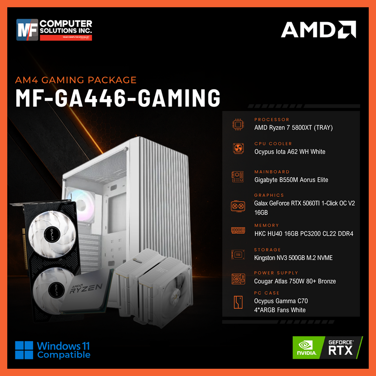 MF-GA446-GAMING (CPU ONLY) AMD RYZEN 7 5800XT / RTX 5060TI 16GB / B550M / 16GB DDR4 / 500GB SSD M.2 NVME PCIE 4 / WHITE CASE