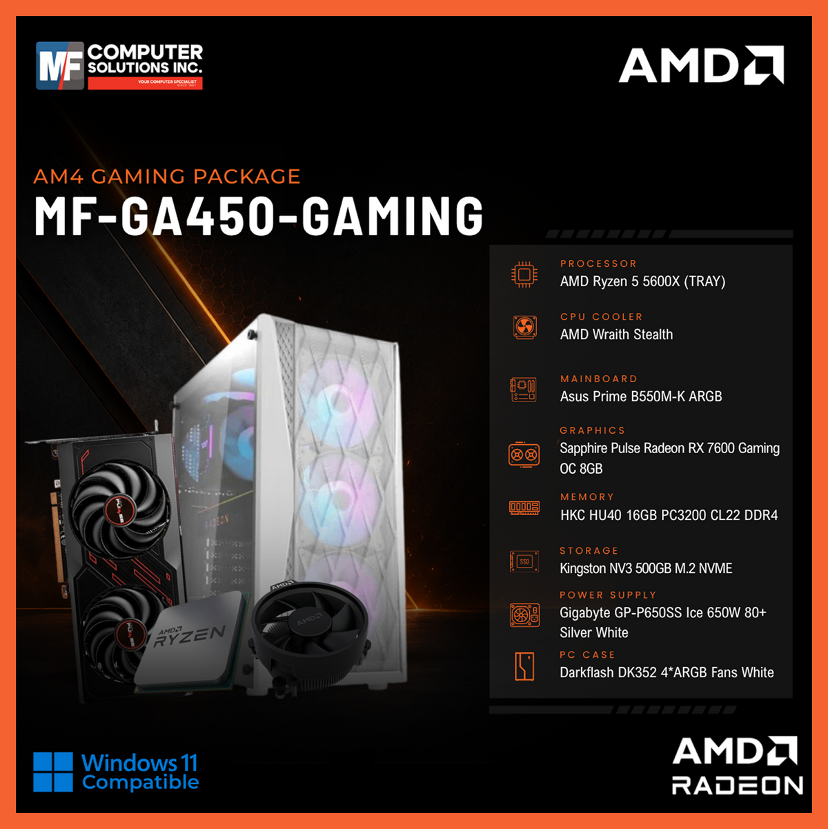 MF-GA450-GAMING (CPU ONLY) AMD RYZEN 5 5600X / RX 7600 8GB / B550M / 16GB DDR4 / 500GB SSD M.2 NVME PCIE 4 / WHITE CASE