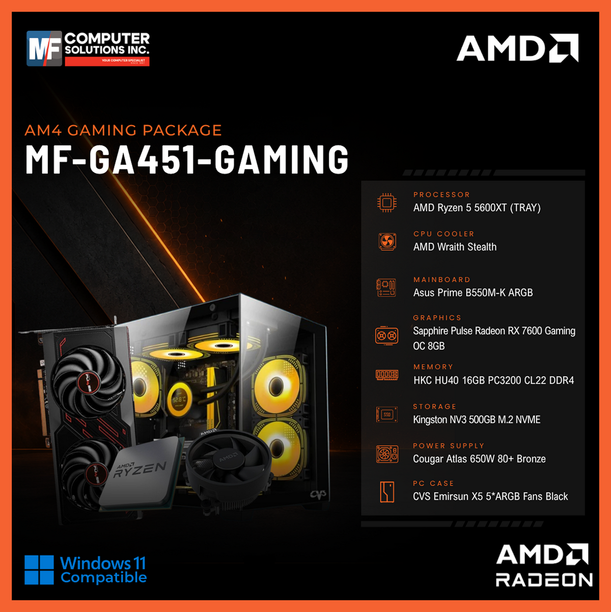 MF-GA451-GAMING (CPU ONLY) AMD RYZEN 5 5600XT / RX 7600 8GB / B550M / 16GB DDR4 / 500GB SSD M.2 NVME PCIE 4 / BLACK CASE
