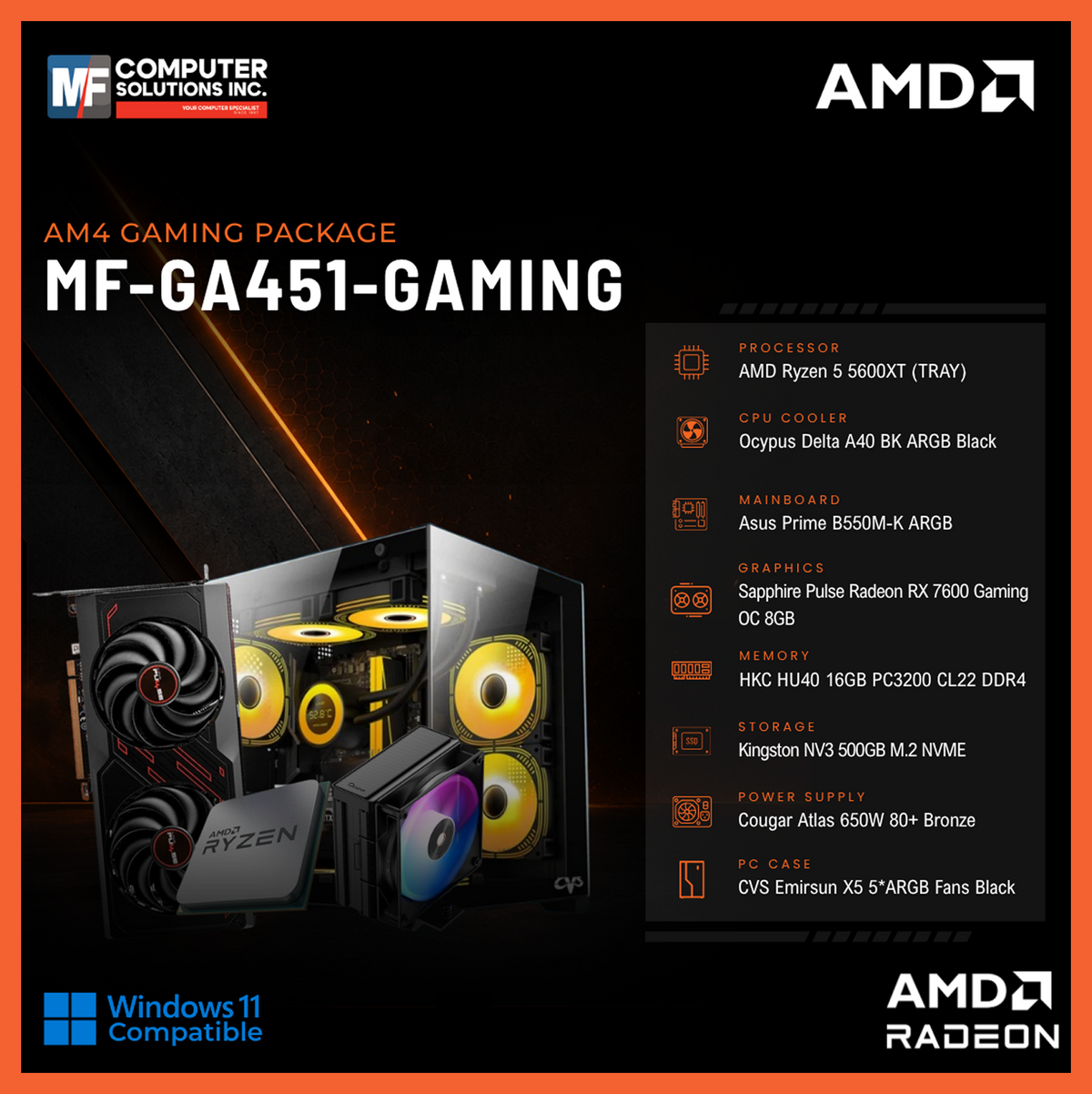 MF-GA451-GAMING (CPU ONLY) AMD RYZEN 5 5600XT / RX 7600 8GB / B550M / 16GB DDR4 / 500GB SSD M.2 NVME PCIE 4 / BLACK CASE