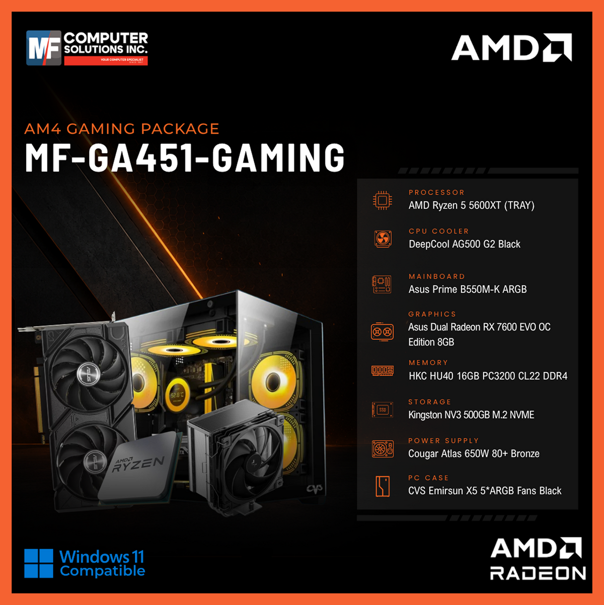 MF-GA451-GAMING (CPU ONLY) AMD RYZEN 5 5600XT / RX 7600 8GB / B550M / 16GB DDR4 / 500GB SSD M.2 NVME PCIE 4 / BLACK CASE