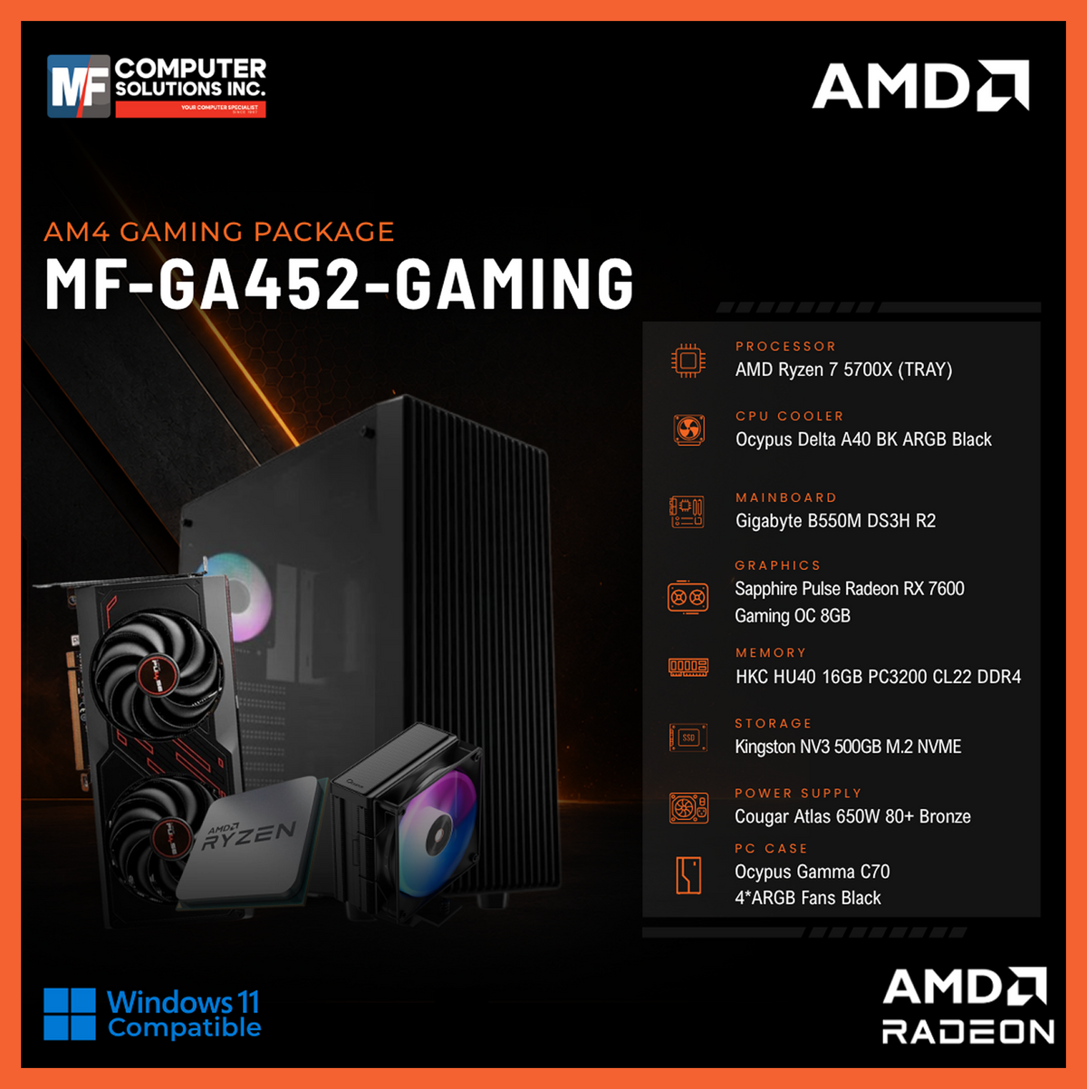 MF-GA452-GAMING (CPU ONLY) AMD RYZEN 7 5700X / RX 7600 8GB / B550M / 16GB DDR4 / 500GB SSD M.2 NVME PCIE 4 / BLACK CASE