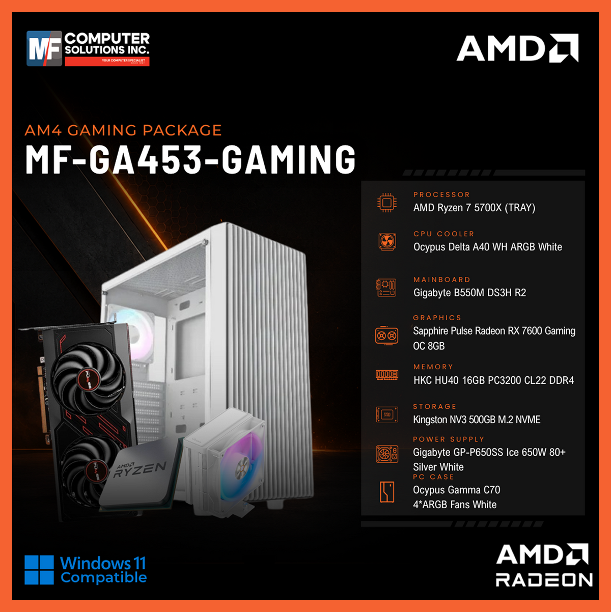 MF-GA453-GAMING (CPU ONLY) AMD RYZEN 7 5700X / RX 7600 8GB / B550M / 16GB DDR4 / 500GB SSD M.2 NVME PCIE 4 / WHITE CASE