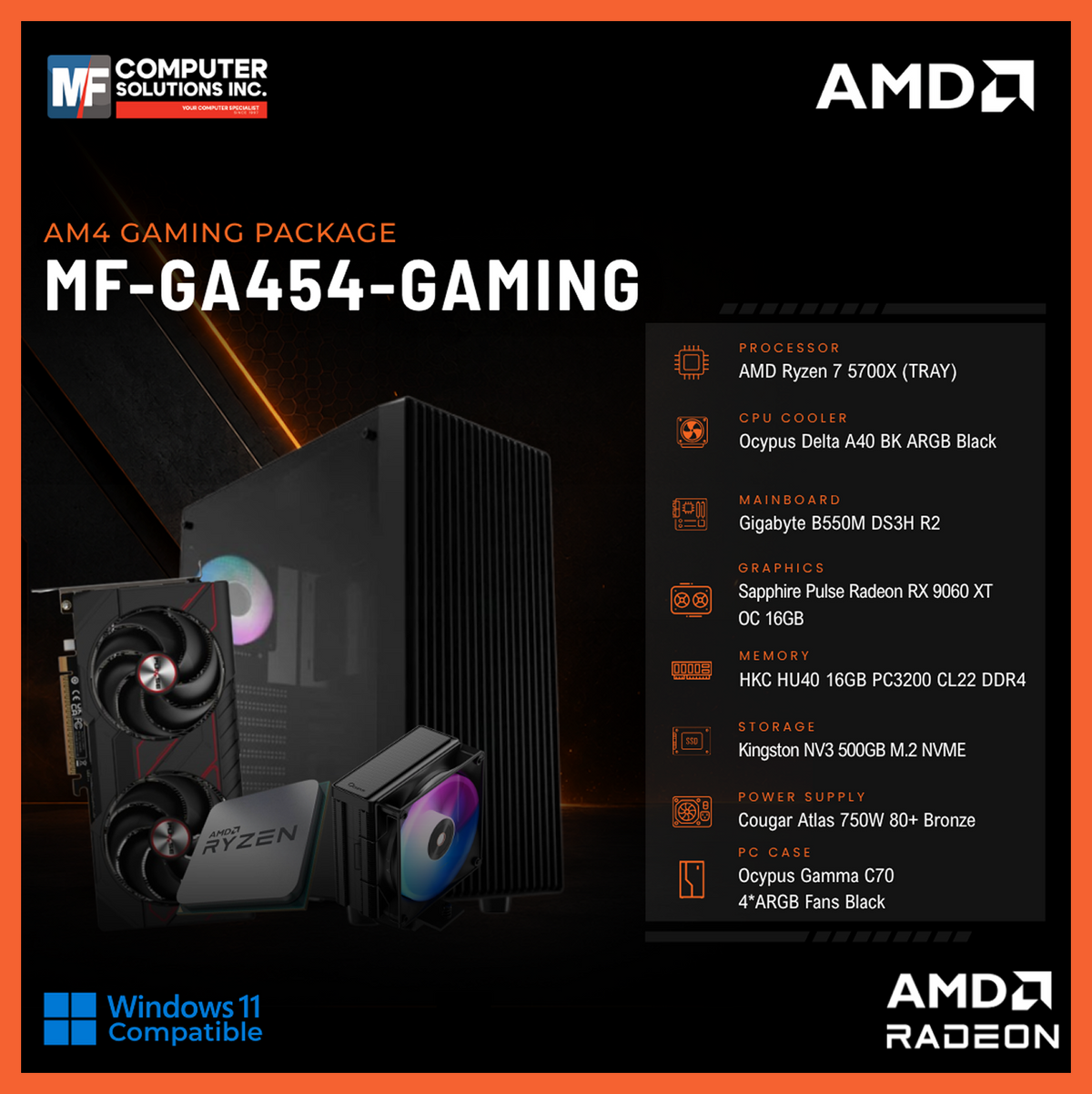 MF-GA454-GAMING (CPU ONLY) AMD RYZEN 7 5700X / RX 9060XT 16GB / B550M / 16GB DDR4 / 500GB SSD M.2 NVME PCIE 4 / BLACK CASE