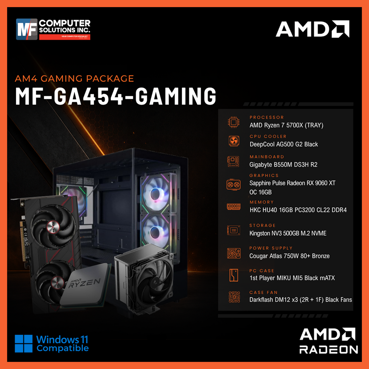 MF-GA454-GAMING (CPU ONLY) AMD RYZEN 7 5700X / RX 9060XT 16GB / B550M / 16GB DDR4 / 500GB SSD M.2 NVME PCIE 4 / BLACK CASE