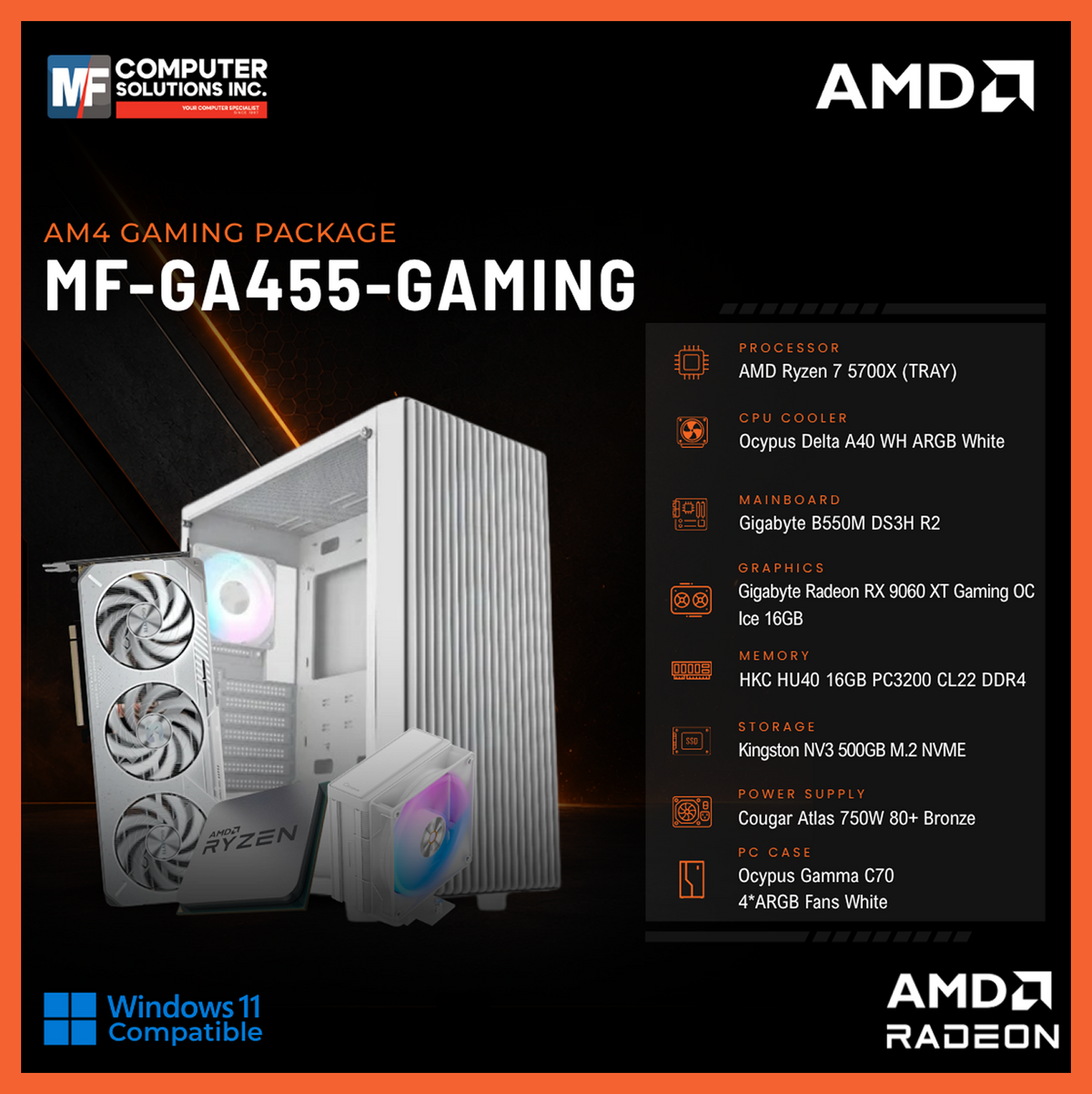 MF-GA455-GAMING (CPU ONLY) AMD RYZEN 7 5700X / RX 9060XT 16GB / B550M / 16GB DDR4 / 500GB SSD M.2 NVME PCIE 4 / WHITE CASE
