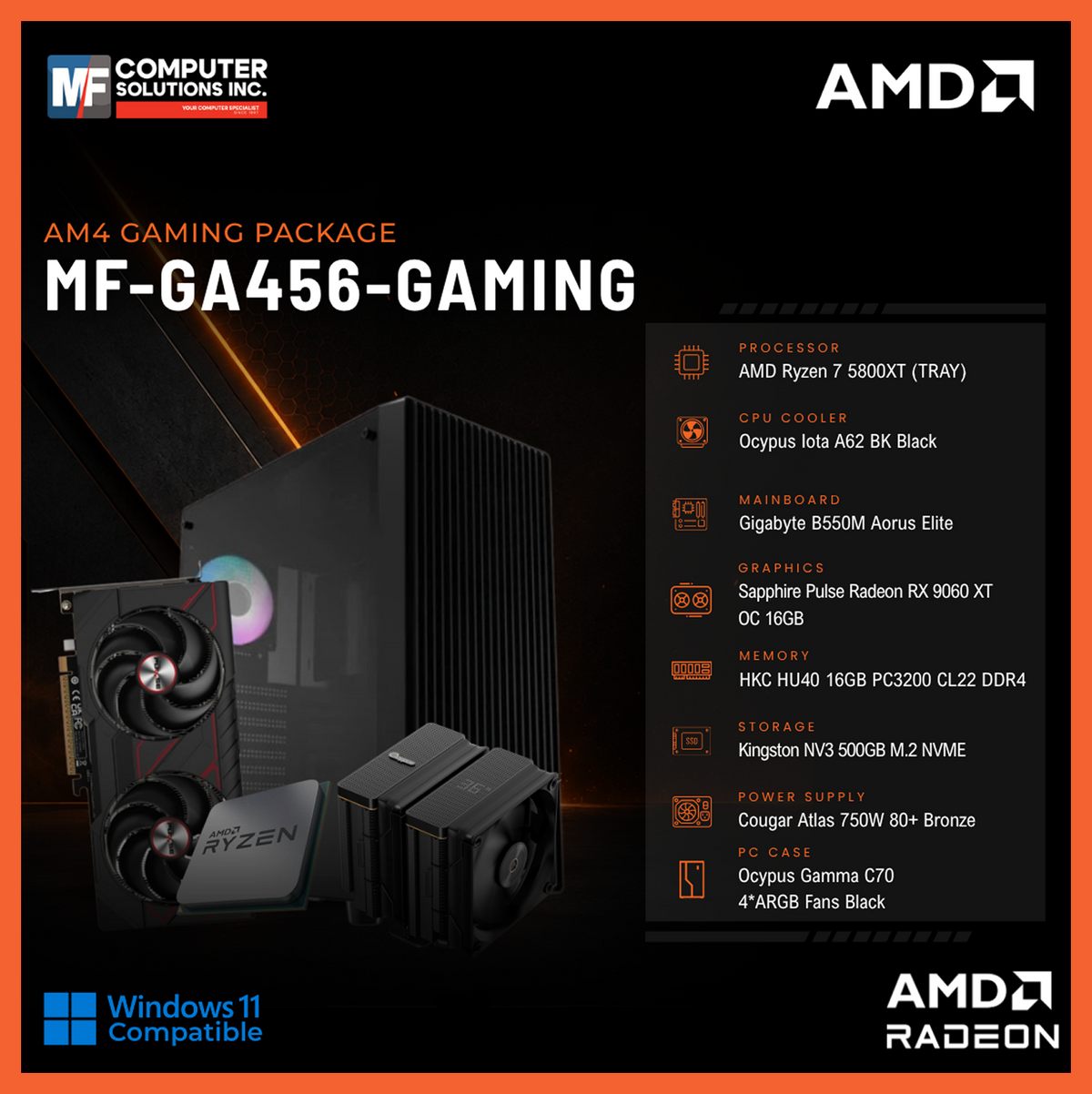 MF-GA456-GAMING (CPU ONLY) AMD RYZEN 7 5800XT / RX 9060XT 16GB / B550M / 16GB DDR4 / 500GB SSD M.2 NVME PCIE 4 / BLACK CASE