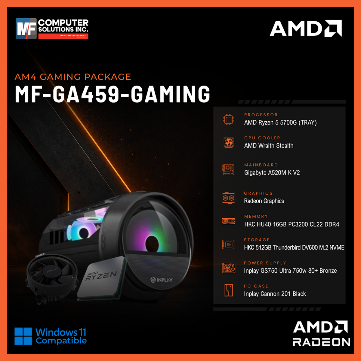 MF-GA459-GAMING (CPU ONLY) AMD RYZEN 5 5700GT / RADEON GRAPHICS / A520M / 16GB DDR4 / 512GB SSD M.2 NVME PCIE 3 / BLACK CASE