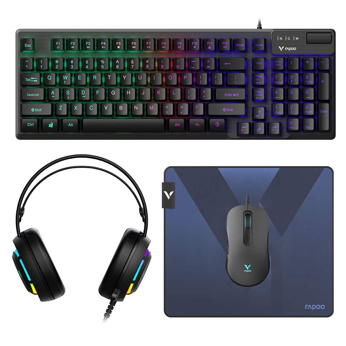 RAPOO V125S 4 IN 1 V50S+V16RGB+VH360+V10P BLACK 13460 KEYBOARD/MOUSE/HEADSET/MOUSEPAD GAMING SET